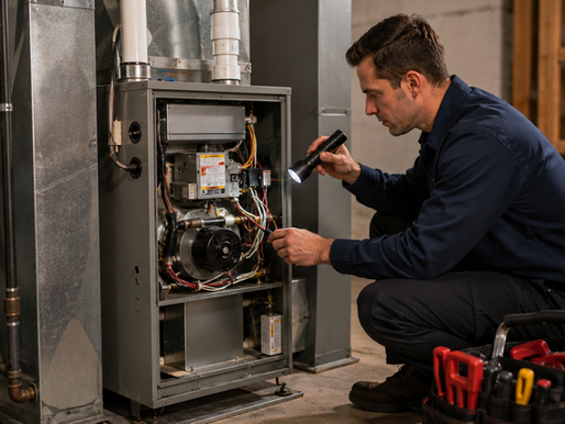 HVAC technician inspecting a residential furnace system after a heating issue while performing troubleshooting and maintenance checks.