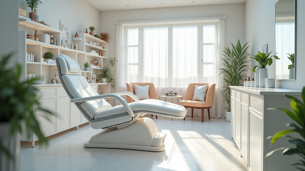 Eye-level view of a clean and organized eyelash salon treatment room