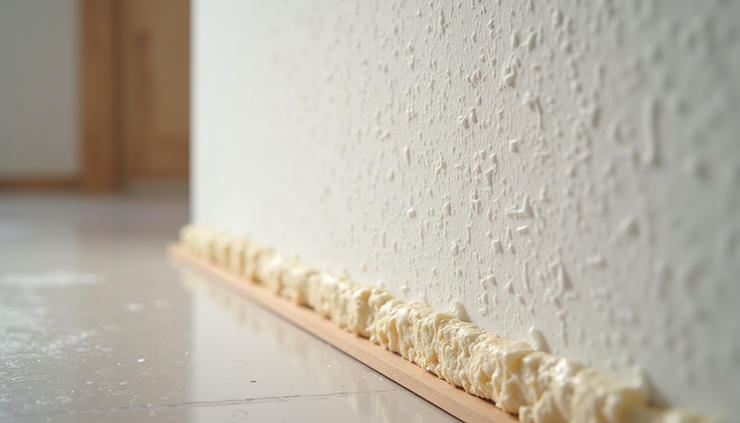 Foam sealant line along a white textured wall and wood strip on a floor, in a quiet indoor room.