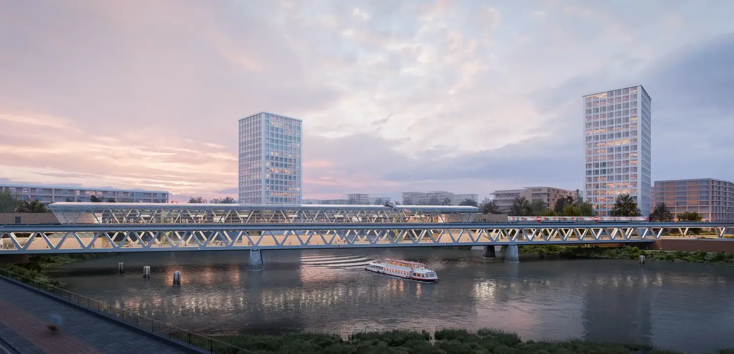 Visualisierung eines modernen Bahnhofs mit gläserner Fassade auf einer Brücke über einen Fluss, flankiert von Hochhäusern bei Sonnenuntergang.