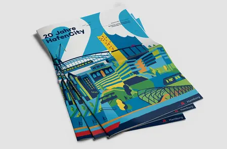 Stacked brochures titled "20 Jahre HafenCity" featuring a vibrant graphic illustration of Hamburg's cityscape.
