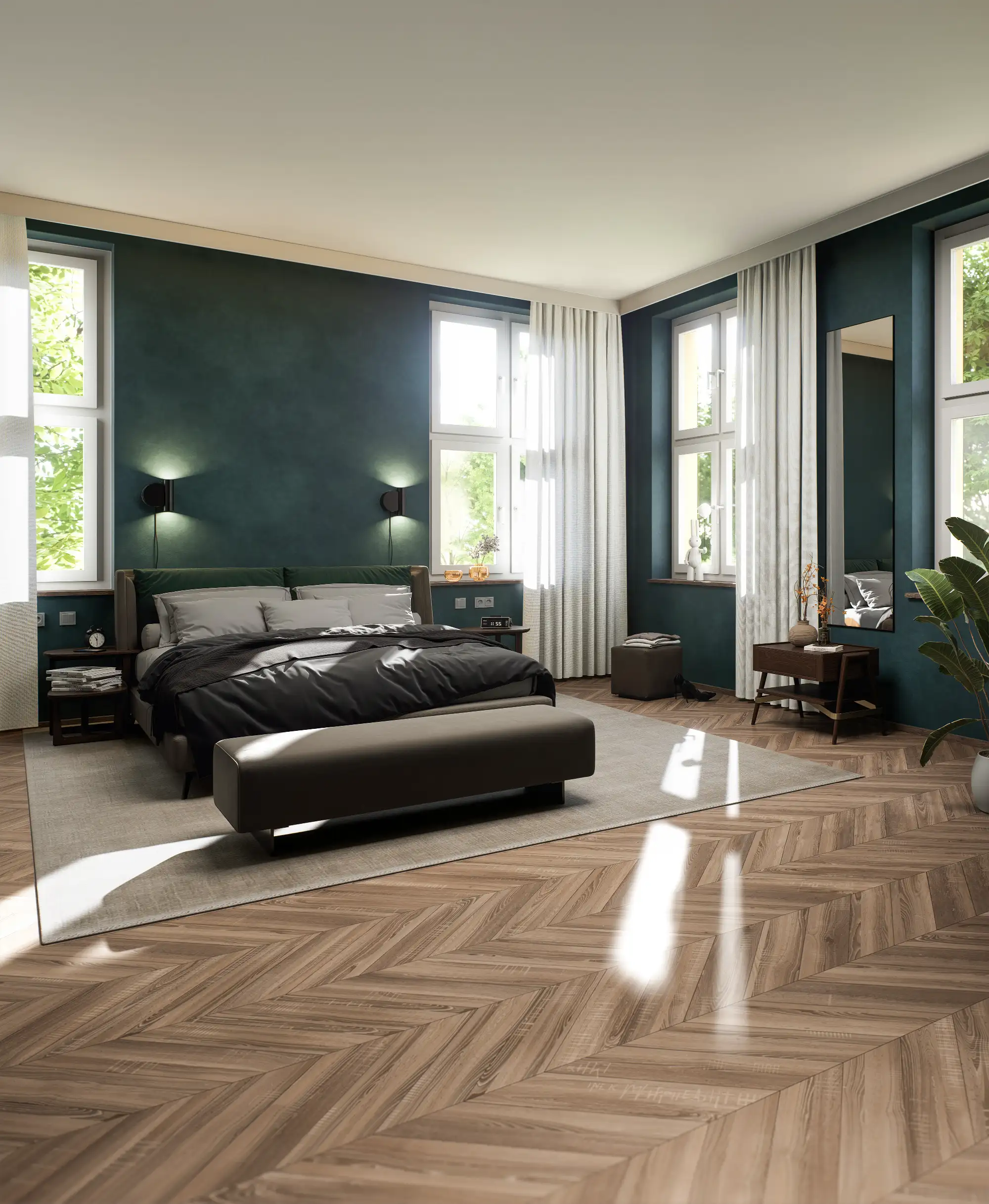 Spacious bedroom with dark green walls, herringbone floor, and double bed.
