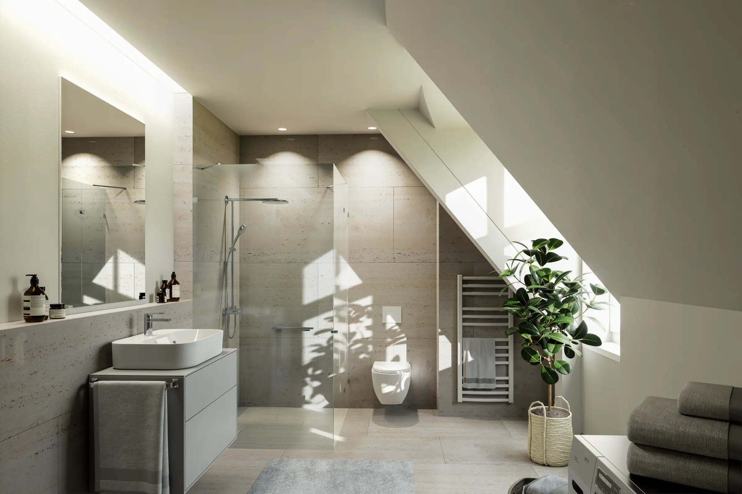 Modern attic bathroom with glass shower, sink vanity, and potted plant.