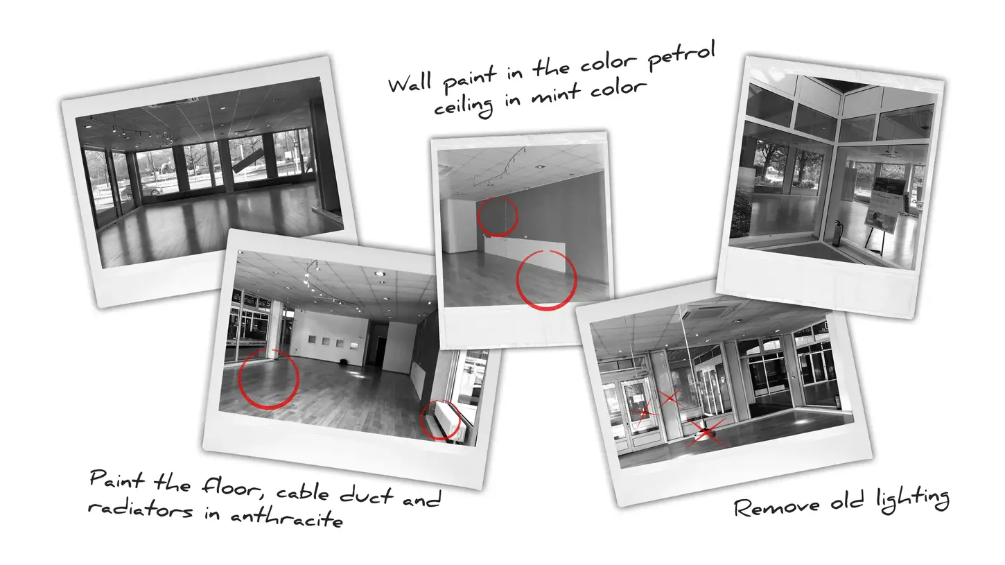 Collage of interior photos with notes highlighting repainting walls, floors and ceilings, and removing old lighting fixtures