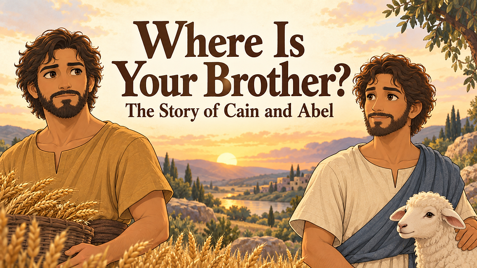 Cel-shaded Cain holding grain and Abel with a lamb, beside the title Where Is Your Brother? The Story of Cain and Abel.