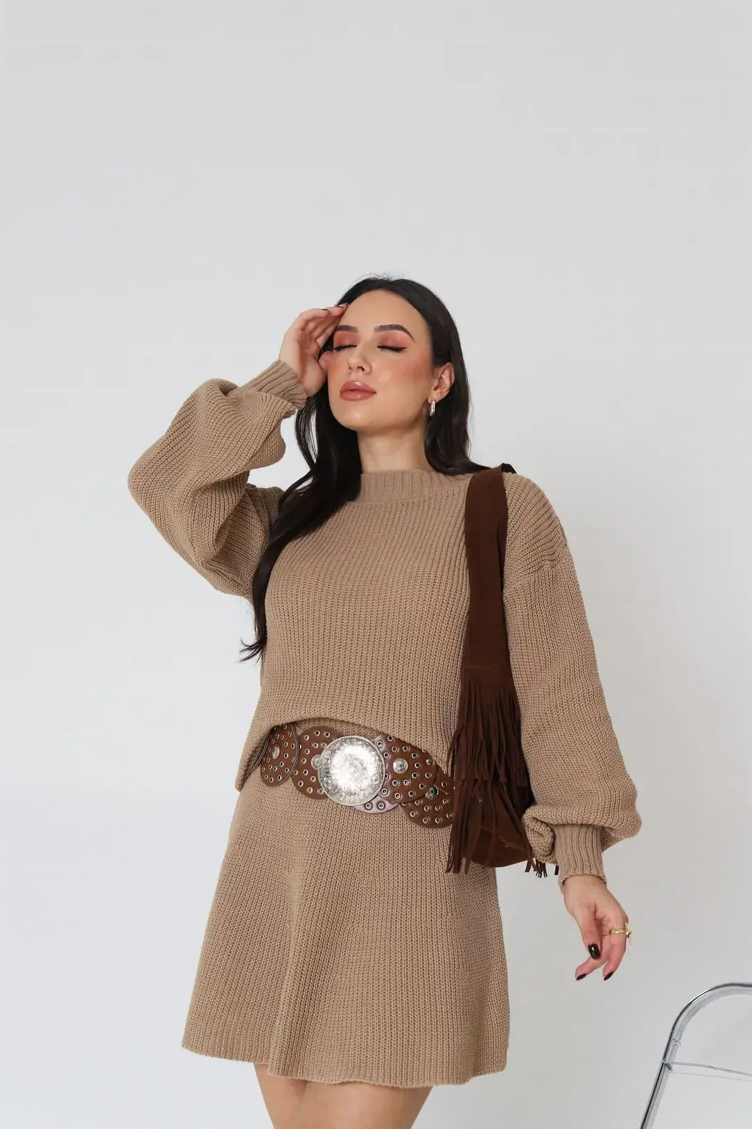 Conjunto de saia e blusa em tricot 