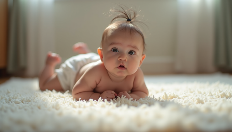 赤ちゃんが腹ばいで遊んでいる様子の目線の高さの写真