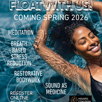 Woman floating in water for Float With Us coming Spring 2026.