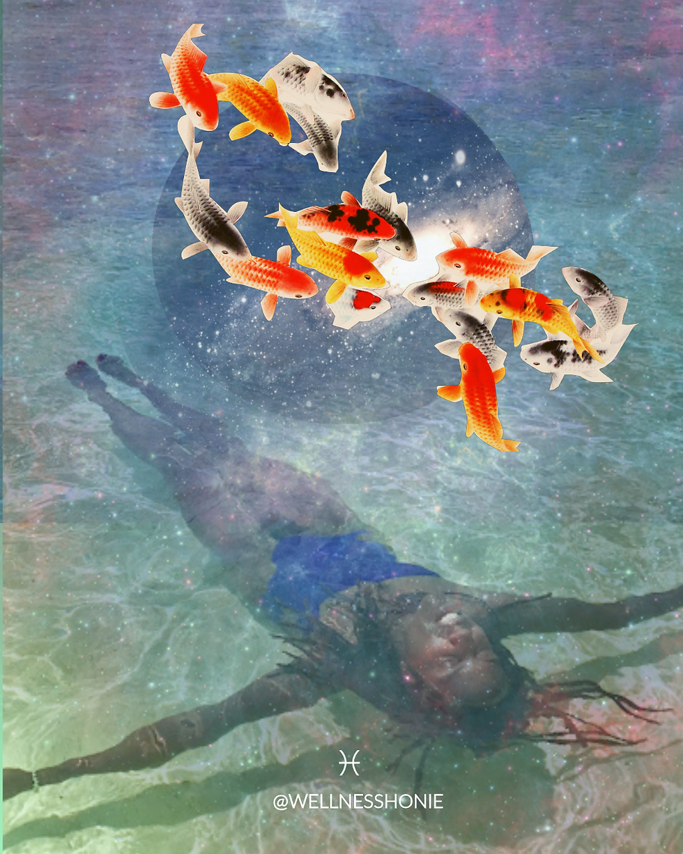 A serene depiction of a Pisces New Moon by artist V. for Wellness Honie, featuring a dreamy scene of colorful fish swimming through a cosmic water realm.