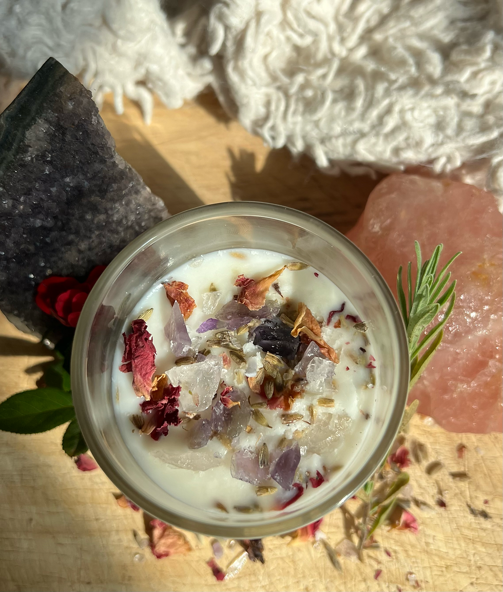 Thumbnail: Sacred Sanctuary Candles: Lavender - Rose; Amethyst - Rose Quartz Crystals