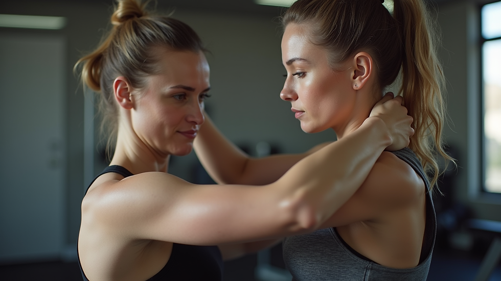Close-up view of a personal trainer adjusting a client’s posture during a workout