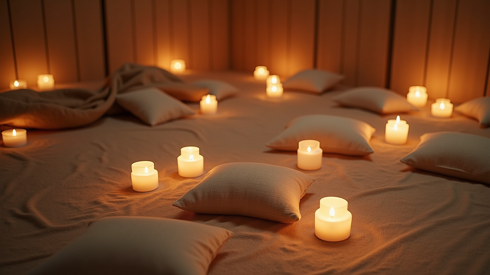 High angle view of a peaceful meditation space with candles and cushions