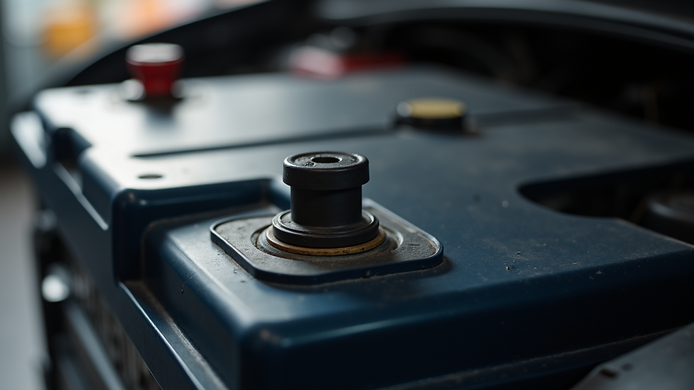 Close-up view of a car battery with visible terminals