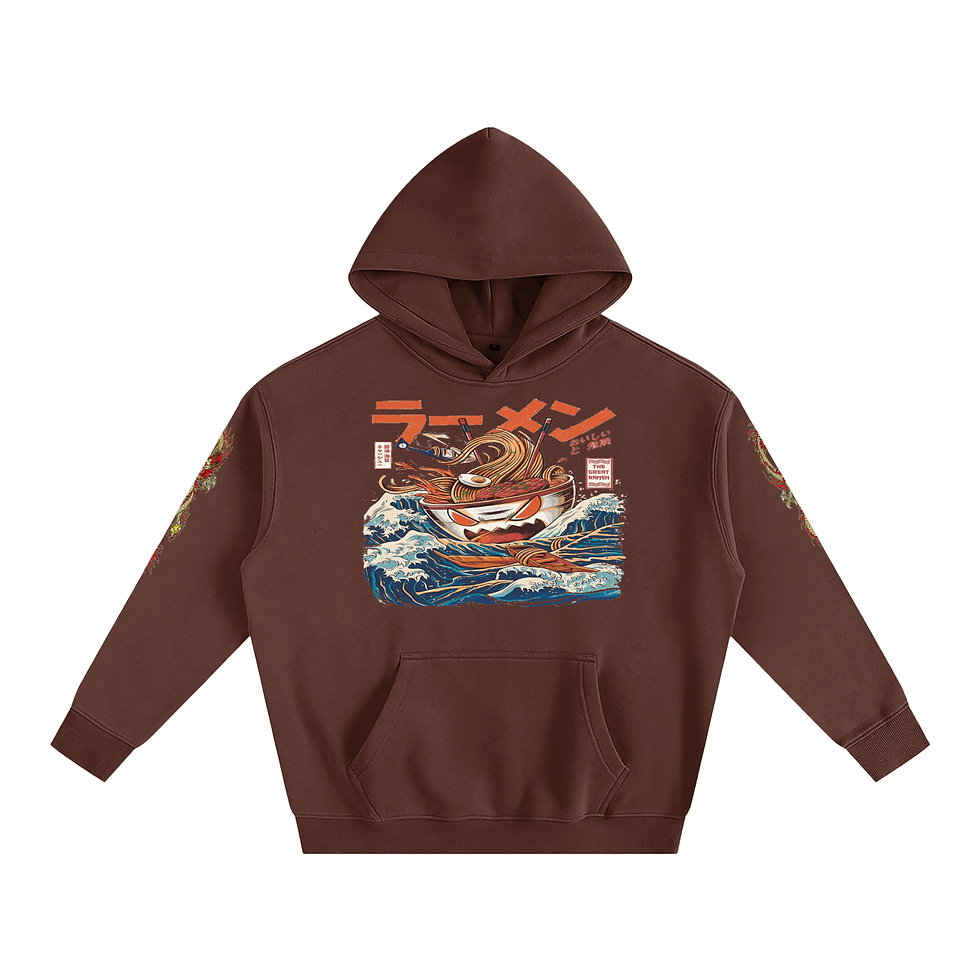 Miniature : Brown hoodie with ramen design and Japanese text, waves background.