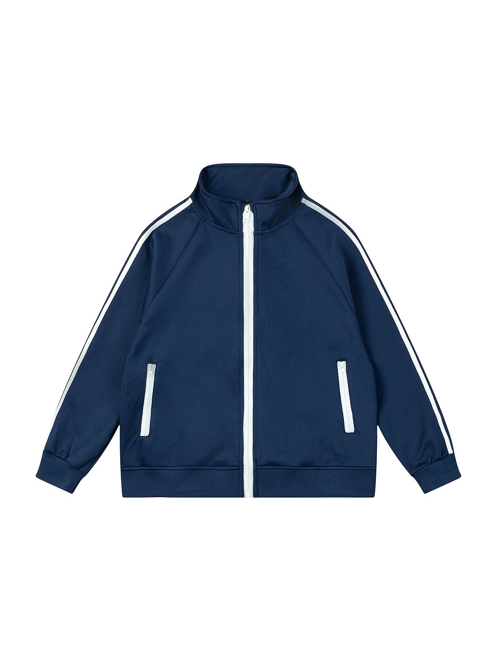 Thumbnail: Navy blue track jacket with white stripes and a zipper closure.