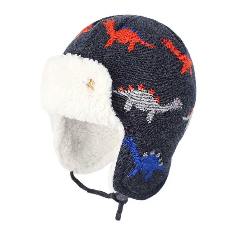 Cozy winter hat with dinosaur pattern, ear flaps, and drawstring detail.