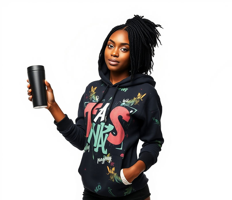 young black woman wearing a trendy black graffiti style hoodie and holding a 20oz tumbler.jpg