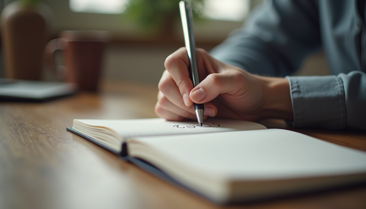 Eye-level view of a person writing goals in a notebook on a wooden desk