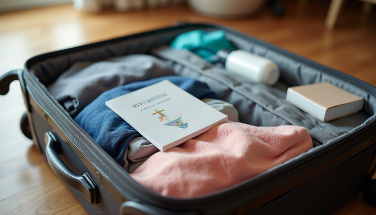 Eye-level view of neatly packed suitcase with cruise essentials including clothes, toiletries, and travel documents