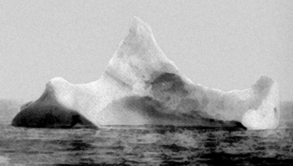 The fake Prinz-Adalbert iceberg, allegedly taken hours after the Titanic "sank" on the morning of April 15th, 1912. Isn't it more obviously fake?