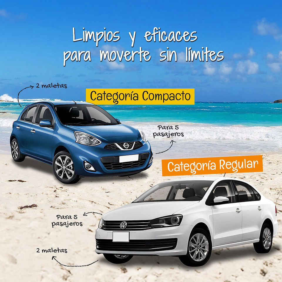 Auto de renta en movimiento con vista al mar Caribe en Cancún