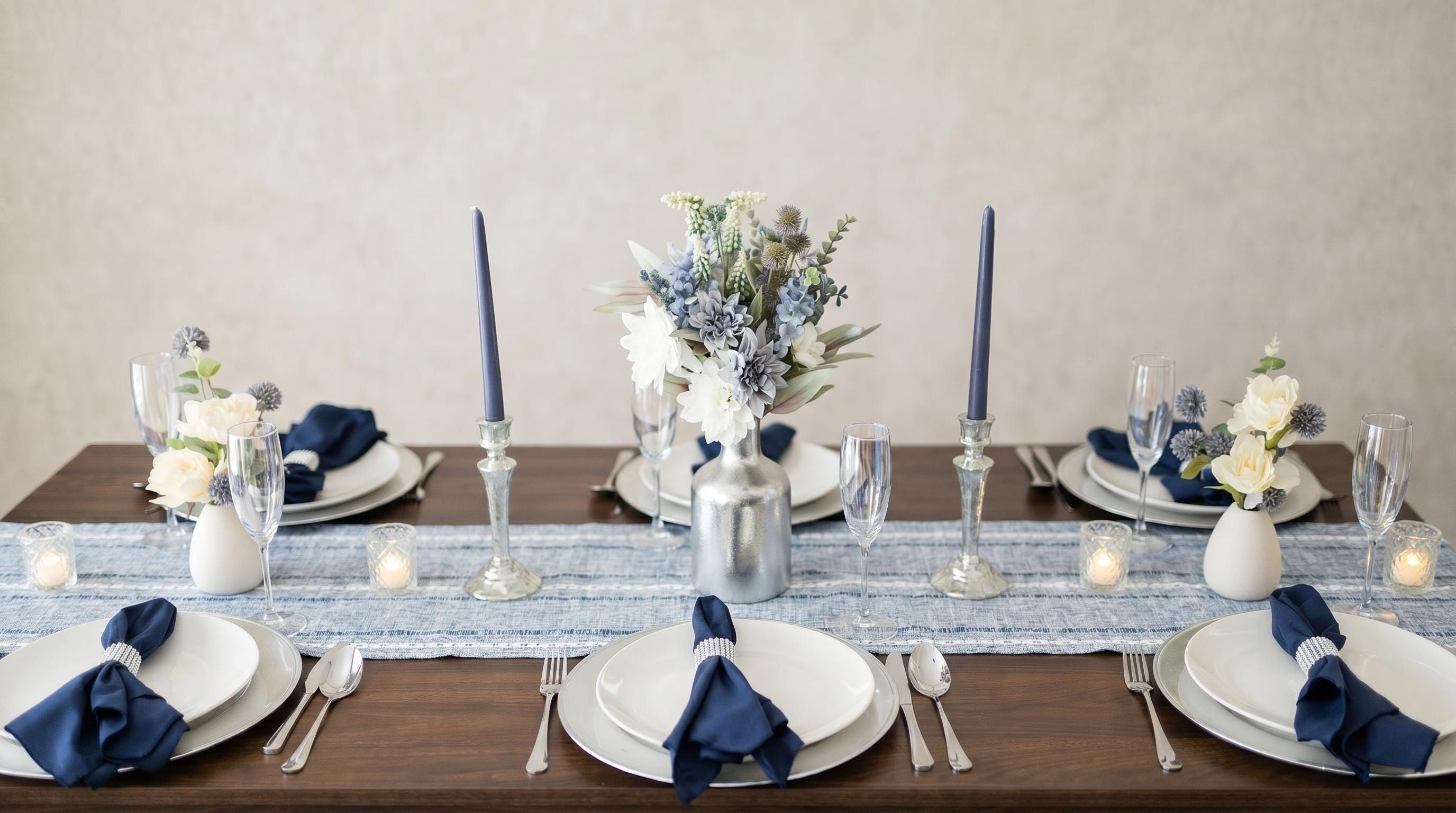 Navy & Silver Elegant Tablescape Kit for Formal Dinner Party