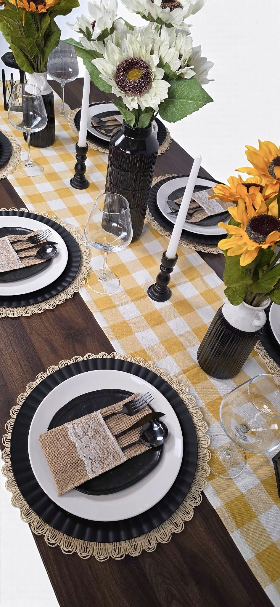 Sunflower Farmhouse Tablescape with Yellow Gingham Runner