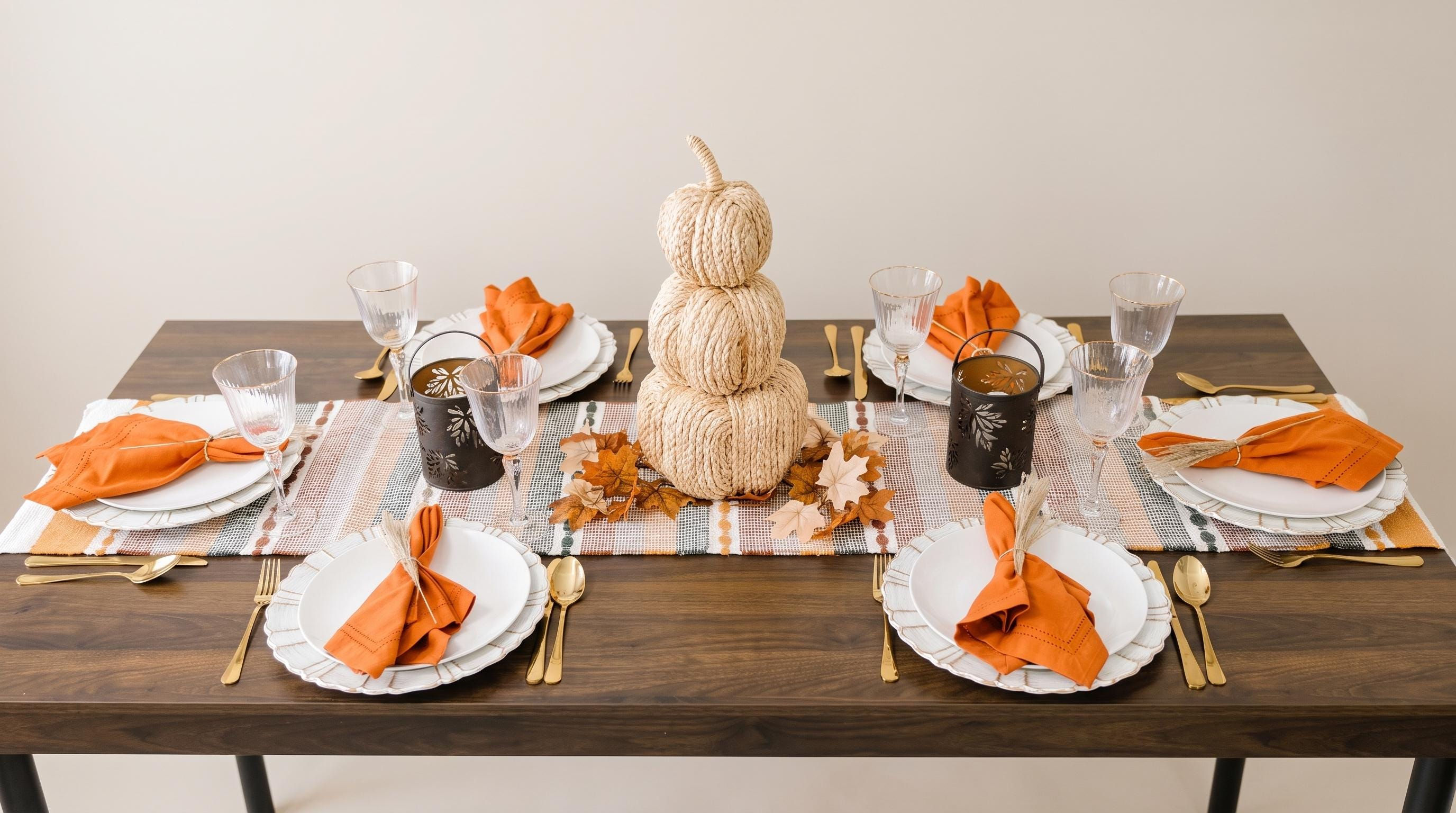 Woven Pumpkin Centerpiece | Autumn Tablescape for 6 | Neutral Fall Decor