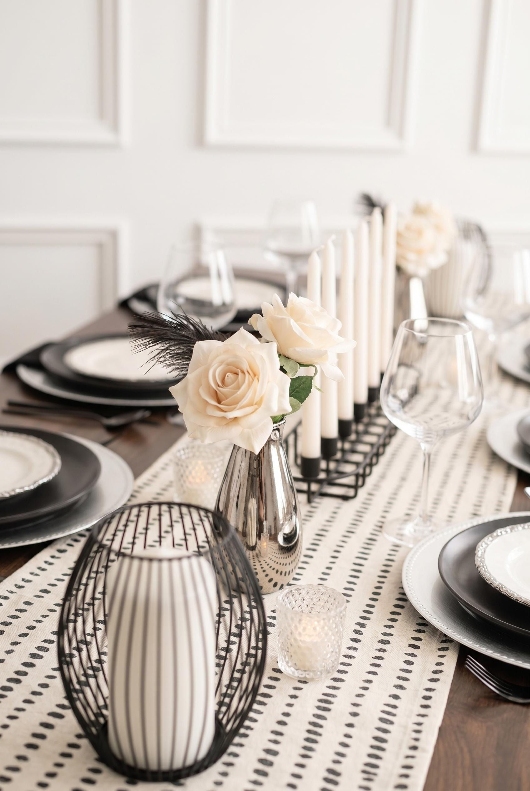 Modern Black White Tablescape | Minimalist Dinner Party Table Decor Setting