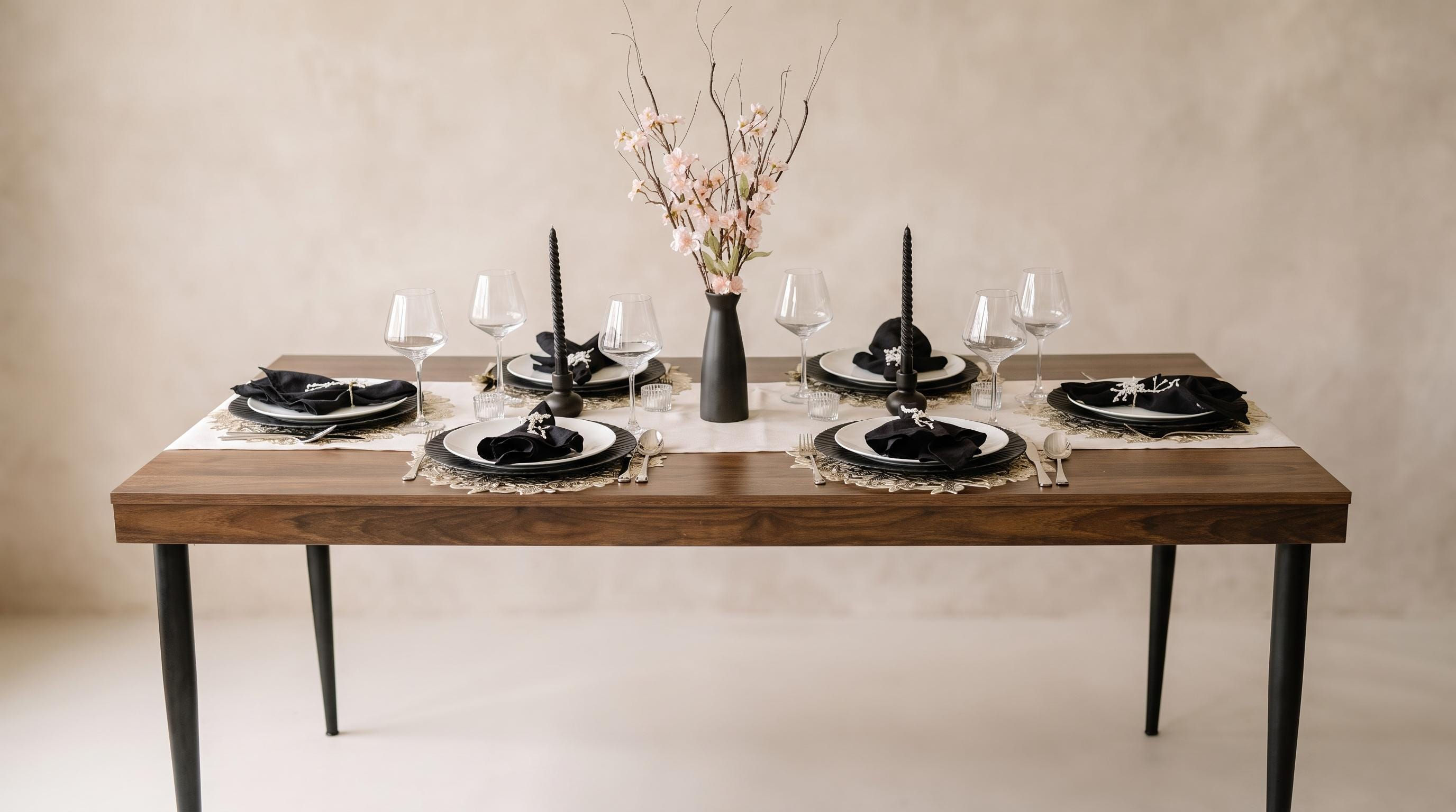 Black Rose Gold Tablescape | Cherry Blossom Floral Setting, Dinner Party Decor