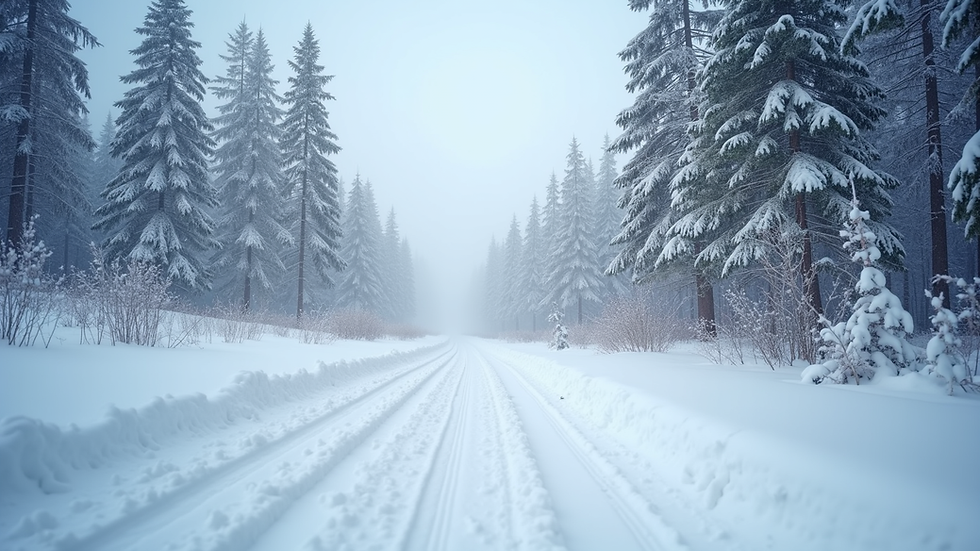 Eye-level view of a snow-covered trail in Rauland with snowmobile tracks