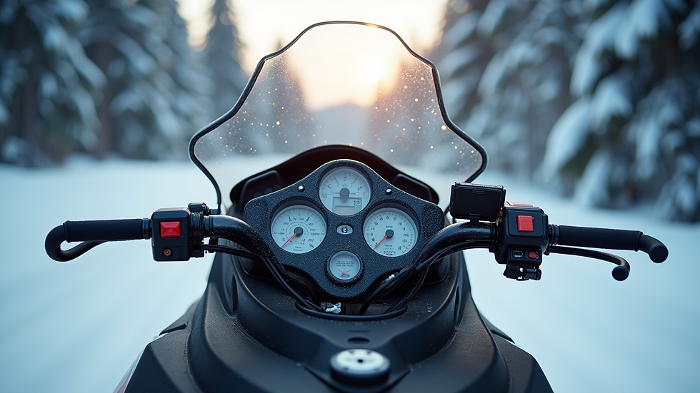 Close-up view of a snowmobile dashboard and handlebars ready for a ride