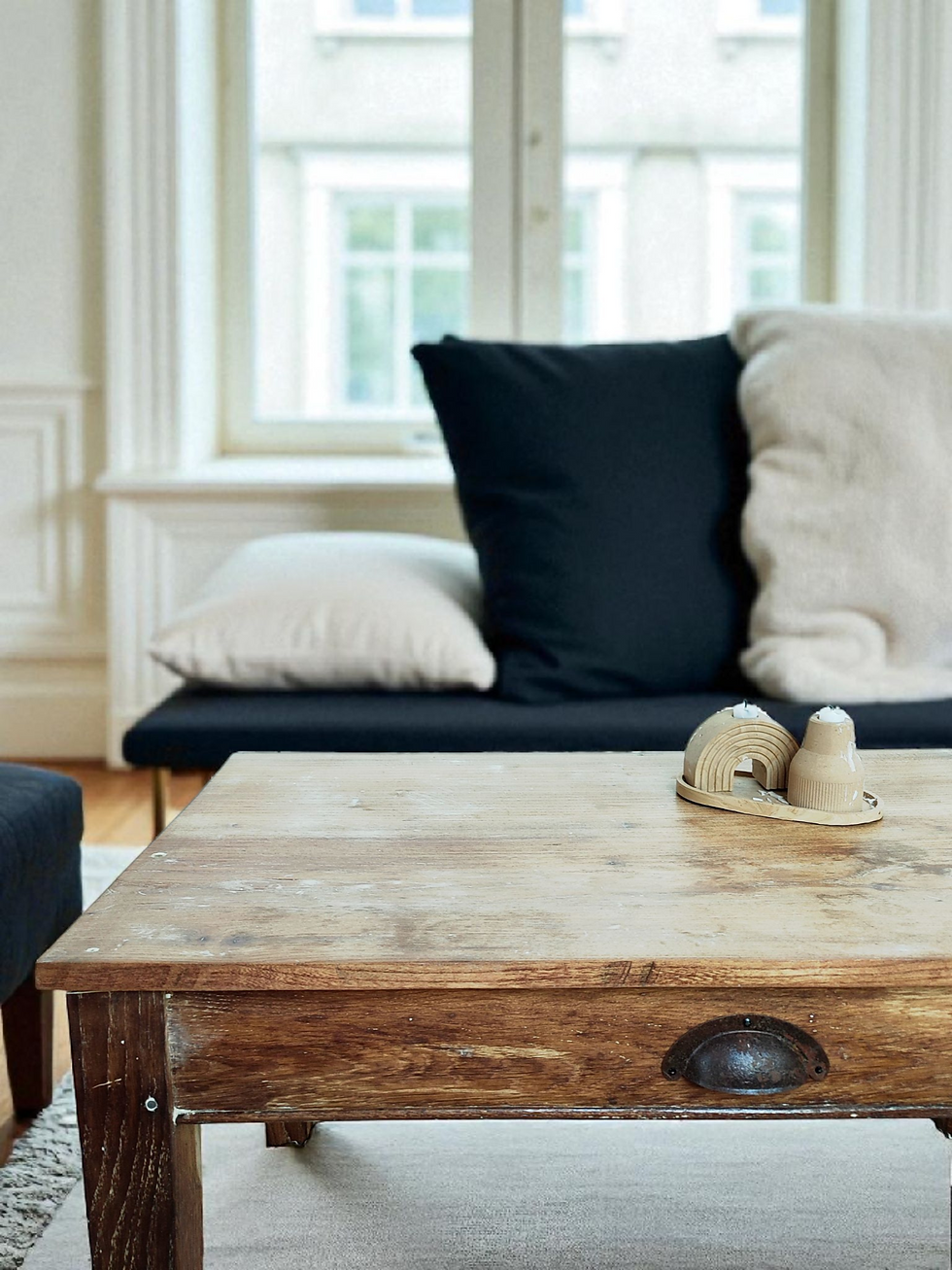 Table basse en bois brut au design minimaliste, parfaite pour créer une ambiance cosy et naturelle dans le salon.