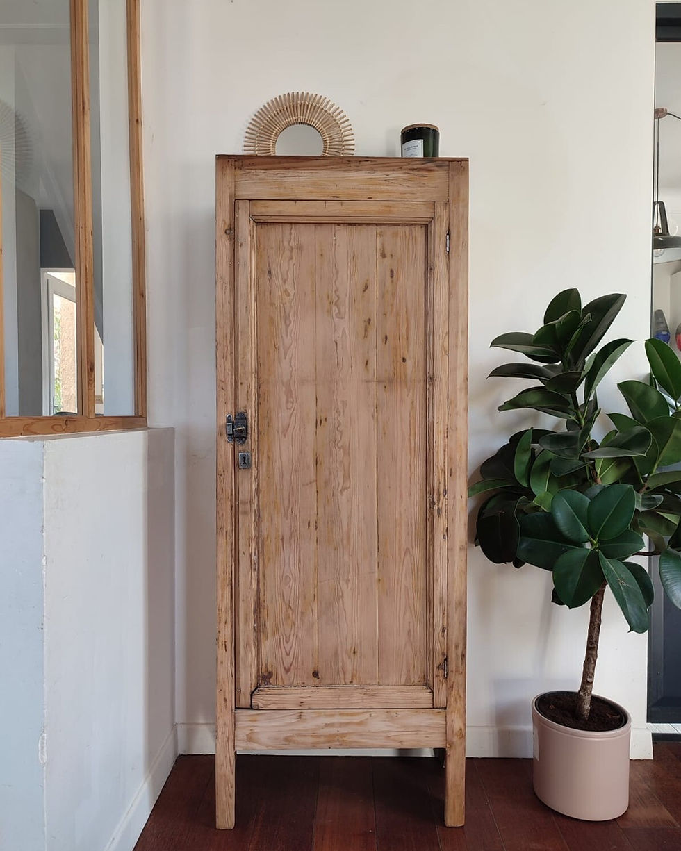 Armoire vintage en bois de chêne dans un salon moderne, rangement pratique et déco