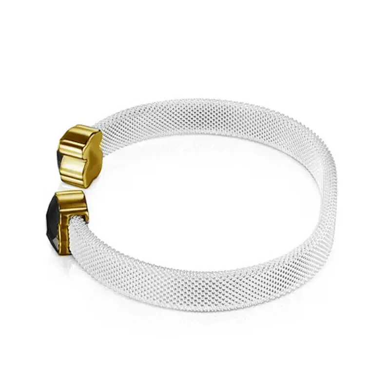 Thumbnail: pulsera malla plateada con osos dorados