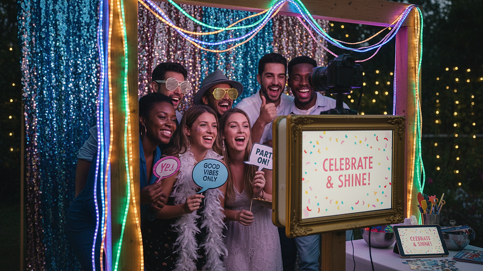 Close-up view of a photo booth setup with colorful lights at an event