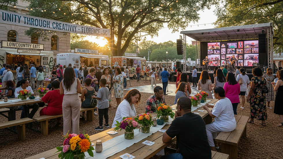 Wide angle view of a scenic outdoor event setup in Florence, SC