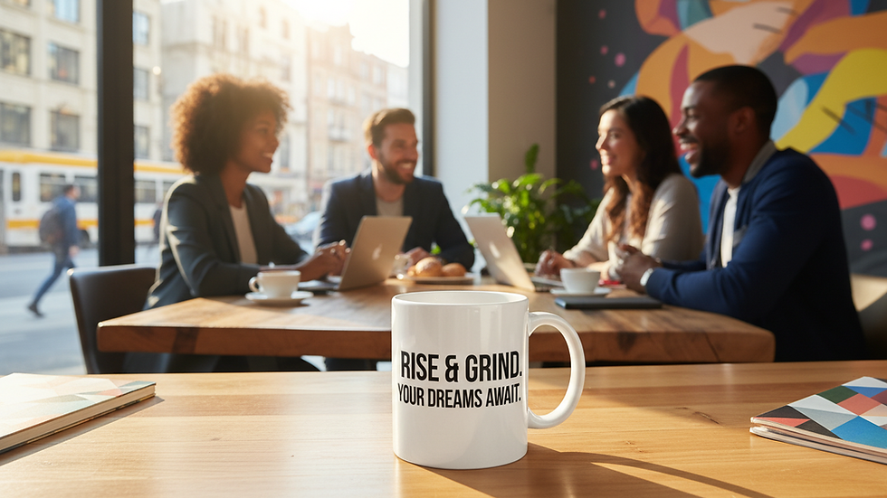 Eye-level view of a white glossy mug with a motivational quote