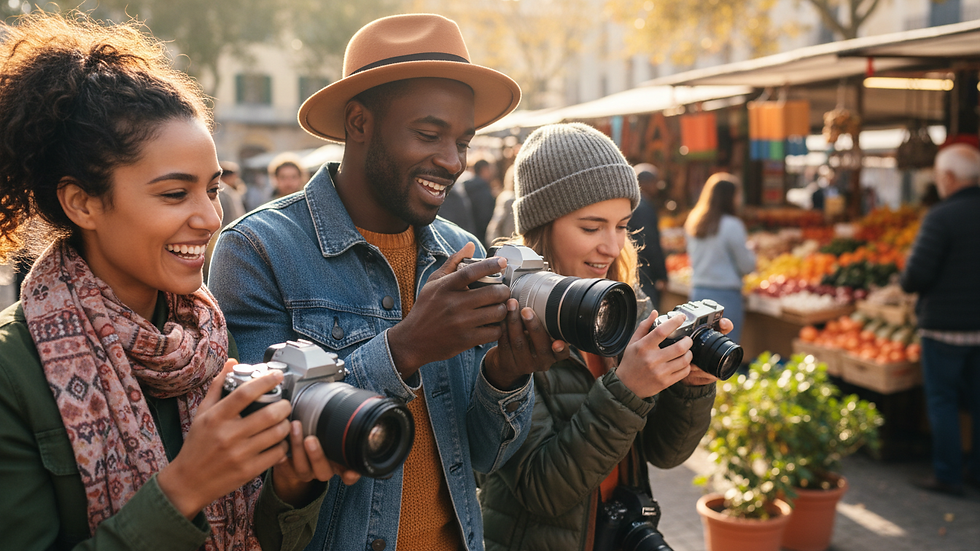 Close-up view of a photographer adjusting camera settings outdoors