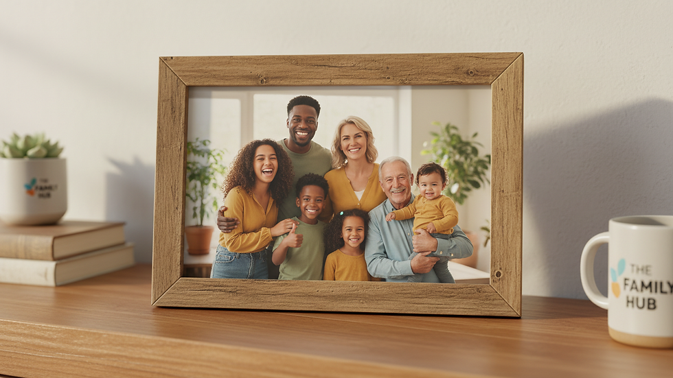 Close-up view of a framed family portrait on a wooden mantel