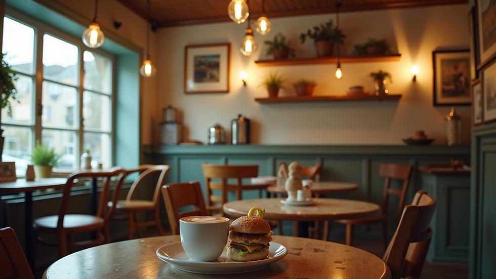 Eye-level view of a quaint café with charming décor