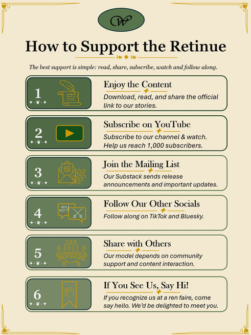 An infographic explaining how to support the Retinue. First, enjoy the content and share the official link to our stories. Second, subscribe to the Retinue of House Walker YouTube channel. Third, join the substack mailing list. Fourth, follow along on our social medias like tiktok and bluesky. Fifth, share our content that you enjoy with others. Sixth, if you recognize us at a ren faire, say hello!