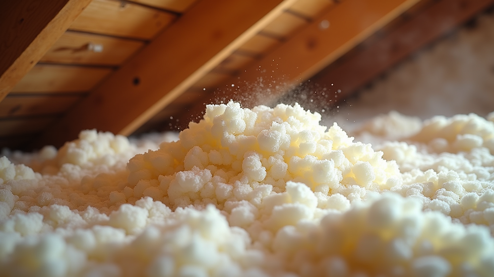 Close-up view of blown-in cellulose insulation being installed in attic
