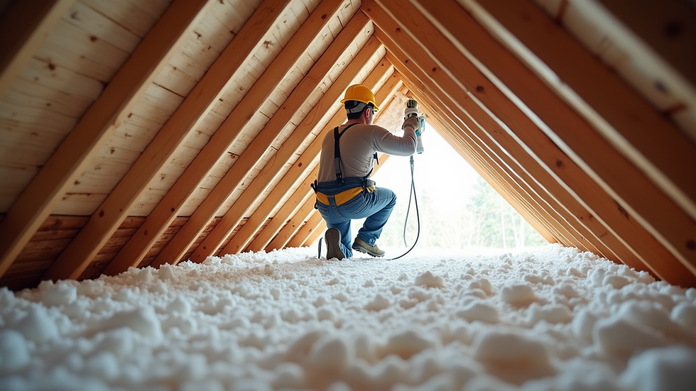 Eye-level view of insulation contractor installing spray foam insulation in attic