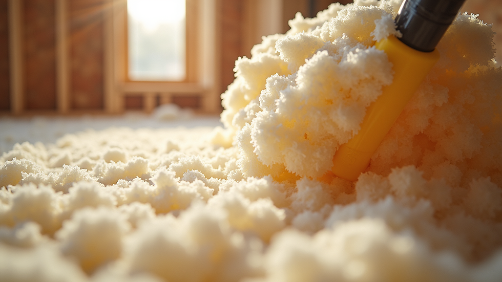 Close-up view of blown-in fiberglass insulation being applied