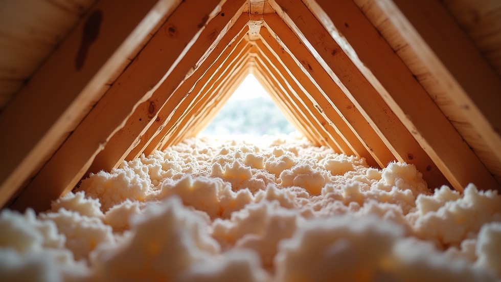 Eye-level view of attic space being insulated with blown-in insulation