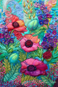 Fiber art work of garden with pink Poppies, buds & purple Delphinium in silks, felted wool, needle lace & embroidery.