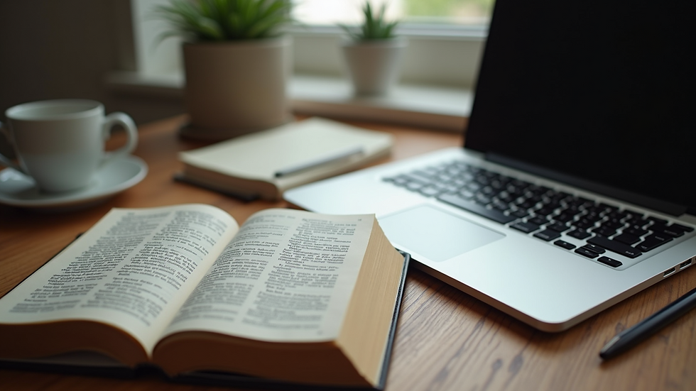 High angle view of a translator’s workspace with dictionaries and a laptop