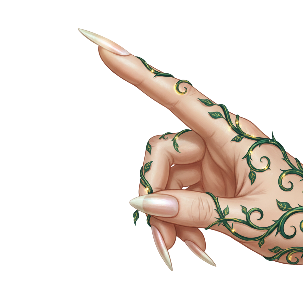 finger illustration with a long pretty nail with the hand that is tattooed with vines. the