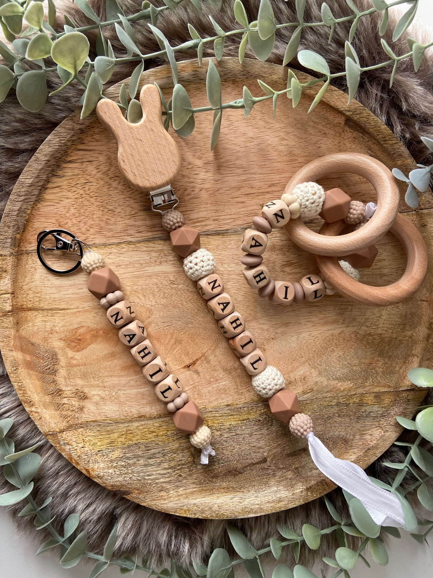 Coffret de Naissance 3 Pièces : lapin en Bois et Silicone